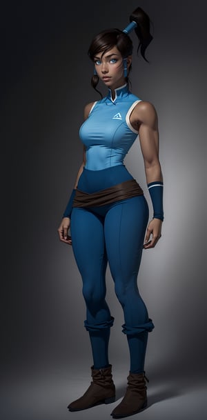 (korra), (dark skin), (dark-skinned female), (ponytail), (hair tubes), (sleeveless), (brown hair), (blue eyes), (bare shoulders), (Gigantic breasts), (gigantic cleavage), (brown pants), (baggy pants), (muscular woman), (ponytail), (gigantic breasts), (huge breasts), high detail, long legs, (Gigantic breasts), (Massive breasts), (muscular woman:1.2), huge breasts, high detail, long legs, (athletic woman), (very tiny waist:1.4), Beautiful detailed face, best quality, (layered hair), tiny waist, firm lips, full lips, thin waist, Big breasts, sanpaku eyes, high resolution, high quality, (bangs), (exposed shoulders), korra,korra,the legend of korra