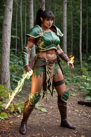 Action pose, action stance, battle stance, moving pose, fighting stance, On a war-torn battlefield, a tall dark-skinned woman with brown skin and leaf-themed wood armor stands out amidst the chaos. She wears wood gauntlets and arm wrappings, with brown leather clothing and thigh-high boots that blend seamlessly into the dark forest surroundings. Green fire, green magic, magic fire, magic glowing fire, green magic energy, The armored dryad woman holds a green fire as she staggers across the battlefield, her long legs straining under the weight of her injuries. Her hair is styled in a perfect brunette poofy ponytail, with bangs framing her face. Green lips painted with vibrant lipstick add a pop of color to the desolate scene. The camera frames her from a low angle, emphasizing her imposing presence amidst the destruction. The lighting is dim, with warm tones highlighting the wooden armor and the dark forest surroundings. The composition focuses on the woman's determined pose, wide stance. Every detail is rendered in exquisite high-quality perfection, transporting viewers to a realm of wonder and magic. Action poise, action pose, bent knee, moving, wide stance. Her hair is styled in a perfect brunette poofy ponytail, with bangs framing her face. She wears wood gauntlets and arm wrappings, with brown leather clothing and thigh-high boots that seem to blend seamlessly into the dark forest surroundings. The armored dryad woman holds magic green fire and leans heavily on it as she staggers across the battlefield, her long legs straining under the weight of her injuries. Despite her wounds, her green lips are painted with vibrant lipstick, adding a pop of color to the desolate scene. Every detail is rendered in exquisite high-quality perfection, transporting viewers to a realm of wonder and magic. War torn battlefield, dirty woman staggering across battlefield, injured woman, injured female soldier, injured pose, armored dryad woman, brown skin, dark skin, black skin, brown woman, dark skinned woman, wood fantasy armor, wood armor, long legs, long legged, tall woman. leaf themed armor, wood themed armor, bangs, trousers, pants, greaves, leather pants, hair bangs, chopped bangs, full body armor, fantasy wood armor. she wears wood gauntlets and arm wrappings, brown leather clothing, green dress, green clothing, full body armor, armor, wood knight armor, hair bangs, wild ponytail, injured in a dark forest. Every detail is rendered in exquisite high-quality perfection, transporting viewers to a realm of wonder and magic. Wooden suit of armor, dryad, plant clothing, wood clothing, leaf clothing, thigh high boots, wooden boots, Dryad woman, fantasy dryad, green lips, green lipstick, wood elf armor, Perfect brunette poofy ponytail. every detail is rendered in exquisite high-quality perfection, green leather, arm wrappings, wooden fantasy attire, green lipstick, score_9, score_8, score_7_up, high detail, leather gloves. high resolution, wooden armor,