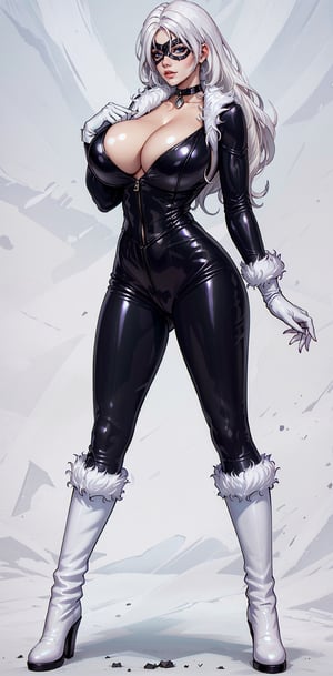 CARTOON_felicia_blackcat_ownwaifu, (white hair), collarbone, mask, black bodysuit, (domino mask:1.2), (white gloves:1.2), black choker, (black collar), (white fur trim), cleavage, skin tight, unzipped, (underboob:1.3), (wavy hair), latex, shiny, (shoulder length hair), (white boots:1.2), (high-heel boots), (Gigantic breasts), (gigantic cleavage), (fur trim), (muscular woman:1.2), black leather, Leather catsuit, (black catsuit:1.2), (white fur trim:1.3), (white hair:1.4), (gigantic breasts), (huge breasts), high detail, long legs, (Gigantic breasts), (Massive breasts), (muscular woman:1.2), huge breasts, high detail, long legs, (athletic woman), (very tiny waist:1.4), Beautiful detailed face, best quality, (layered hair), tiny waist, firm lips, full lips, thin waist, Big breasts, sanpaku eyes, high resolution, high quality, Hair over eyes, MarvelBlackCat, ,MarvelBlackCat,Shadman  ,Shadman,warlockandboobs