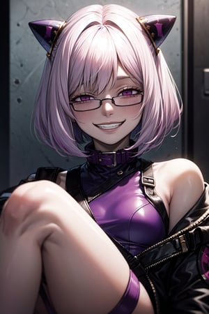 (masterpiece, best quality, ultra-detailed, 8K), ((1girl)), (picture-perfect face, Purple eyes, pink glasses), (pale skin), small breasts, (Shoulder length white hair, bob-wig, Purple tips, bangs), IncrsAnyasHehFaceMeme, (black jacket, high collar, shoulder strap), grin smug