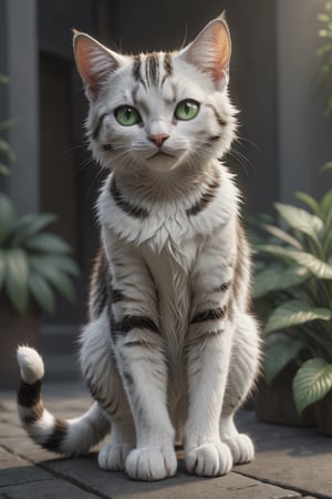 (masterpiece, best quality, ultra-detailed, 8K, absurdres, highres, ultra detailed), ((cat)), cute, Striped, white, green eyes, full height, animal