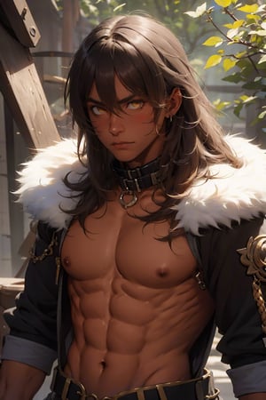 (masterpiece, best quality, ultra-detailed, 8K, absurdres, highres, ultra detailed), ((1 male)), solo, adult, mature, aged up, tall muscular guy, broad shoulders, handsome), (tangled brown hair, long hair, yellow eyes, skin tan), thick eyebrows, extremely detailed face, Serious, angry, scars on body, (perfect male body, bangs), evil, Shibari, dark skin, (Black clothing, black collar, fur collar, uniform),wrench_genshin_style