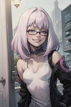 (masterpiece, best quality, ultra-detailed, 8K), ((1girl)), (picture-perfect face, Purple eyes, pink glasses), (pale skin), small breasts, (Shoulder length white hair, bob-wig, Purple tips, bangs), IncrsAnyasHehFaceMeme, (black jacket, high collar), grin smug