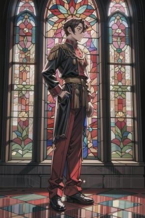 ((Large stained glass window, red glass and intricate pattern)), (Man standing, half body), (dark castle, mansion),glitter