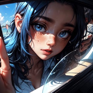 masterpiece, best quality, ultra-detailed, 8K),((1girl)), (picture-perfect face,freckles), Looks at the viewer,close to the screen,headshot, head, blue hair, open eyes,surprise, FIBackAboveLeft,against glass, schlick,SAM YANG