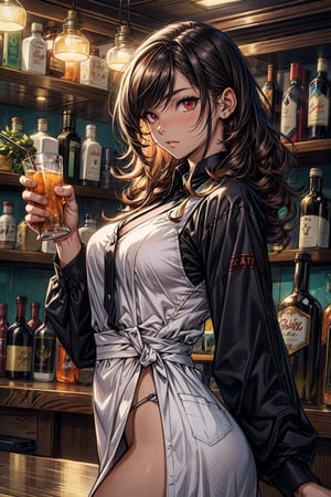 Default17 style, 1female, amber_hair, curly_hair, dark red eyes, bartender costume, dark clothes,side hairline, snake eyes