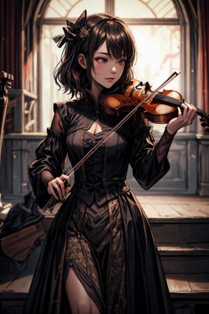 (masterpiece, best quality), musician. As she playing a violin, medieval clothing style, high_res details,yu fuhua,Niji Kei