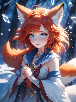 (cute snow fox, flaming veins), blue and white tones, (masterpiece, best quality, ultra-detailed, best shadow), (detailed background,dark fantasy), (beautiful detailed face), high contrast, (best illumination, an extremely delicate and beautiful), ((cinematic light)), colorful, hyper detail, dramatic light, intricate details, (1girl, solo, red hair, sharp face, amber eyes, hair between eyes,dynamic angle) swirling light around the character, depth of field, light particles,(broken glass),magic circle, (full body), Spirit Fox Pendant,Yae Miko, ecchi