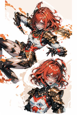 beautiful female, short curly red hair, fighter, red_eyes, curvy_figure, light armor, cross arms, perfect hands, weapon on back
