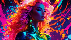 (best quality, 8K, highres, masterpiece), ultra-detailed, illustration ispired  (((Todd McFarlane, Jim Balent, Adam Hughes))), a phantasmagorical figure with an emphasis on vivid colors. The silhouette of the woman features (translucent skin:1.5) and (translucent body:1.5), illuminated by neon lights and an array of vibrant light particles. The composition bursts with a super colorful palette, embracing lively CMYK colors and a stunning backlit effect, creating a visually striking and captivating portrayal.