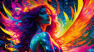 (best quality, 8K, highres, masterpiece), ultra-detailed, illustration ispired  (((Todd McFarlane, Jim Balent, Adam Hughes))), a phantasmagorical figure with an emphasis on vivid colors. The silhouette of the woman features (translucent skin:1.5) and (translucent body:1.5), illuminated by neon lights and an array of vibrant light particles. The composition bursts with a super colorful palette, embracing lively CMYK colors and a stunning backlit effect, creating a visually striking and captivating portrayal.