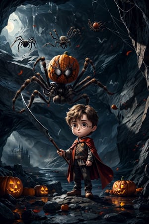 1boy, Photorealistic chibi art style, big detailed eyes, highly detailed, artistic, ((Harry Potter)) wearing a cloak with high heels holding a scythe, misty,((Spider in cave)), ((castle)), volumetric lighting, surrounding with ((spider)) and pumpkins, windy, depth of field, dynamic angle, bats flying in the background