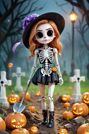 beautiful dressed female kawaii skeleton dig with a spade, with top, short, high healed boots, in a cemetery, at night, Poltergeist Hutao School, full moon, fog, ((several flying chibi ghosts in the background)), Halloween sceen, Halloween ports, pumpkins, pumpkin lanterns, candles, bats, Halloween atmosphere, (dynamic pose), super cute, 8k, 3D, blender, CGI, highly detailed, intricate, award-wining, cinematic,  ,aesthetic portrait