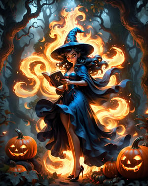 Full body portrait, Photorealistic art style, big detailed eyes, highly detailed, artistic, small black witch hat, a beautiful blue hair witch girl in sexy outfit with shiny cape, wearing high heels, reading an old magical book, casting a fire spell on the ghosts and pumpkins, in a jungle with lot of trees, volumetric lighting, dynamic poses, windy, depth of field, dynamic angle, swirling flame, ,mythical clouds,more detail XL,fire element, (ghost), 