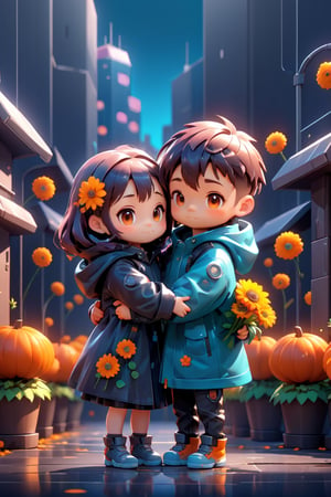 full head, flowers, masterpiece,chibi,cartoon style, best quality,8k,cg, Happy boy hugging his girlfriend on a fall day in Tokyo.,3d style,3d,cyberpunk style