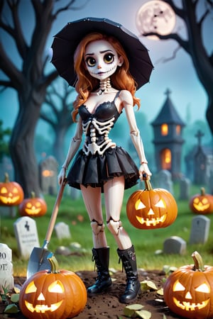 beautiful dressed female kawaii skeleton dig with a spade, with top, short, high healed boots, in a cemetery, at night, full moon, fog, several flying chibi ghosts in the background, Halloween sceen, Halloween ports, pumpkins, pumpkin lanterns, candles, bats, Halloween atmosphere, (dynamic pose), super cute, 8k, 3D, blender, CGI, highly detailed, intricate, award-wining, cinematic,  ,aesthetic portrait