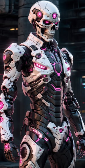 A Hi-Tech cyberpunk style white black pink skull suit, Custom design, shining body, glowing look, full shining suit, body, hues.,steampunk style,cyberpunk style,mecha, perfect custom Hi-Tech suit, holding sword, weapon master, Hi-Tech belt, muscular body suite, looking back, ,cyberpunk