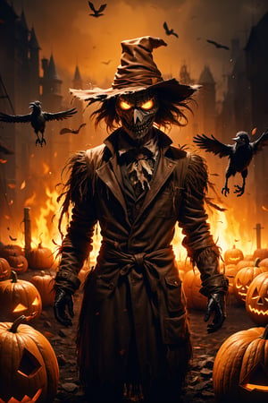 hat, 1boy,no_human, scarecrows focus, sexy, glowing eyes, mask, fire, farm, scarecrows, ((crow)), trench coat, coat, glowing, torn clothes, gloves, hunter \(bloodborne\), yellow eyes,jack-o'-lantern