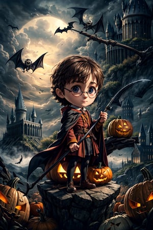 Photorealistic chibi art style, big detailed eyes, highly detailed, artistic, ((Harry Potter)) wearing a cloak with high heels holding a scythe, misty, castle, volumetric lighting, surrounding with skulls and pumpkins, spider in pumpkin, windy, depth of field, dynamic angle, bats flying in the background, 2 girls, ,chibi,black_eyes