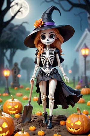beautiful dressed female kawaii skeleton dig with a spade, with top, short, high healed boots, in a cemetery, at night, full moon,dark black witch hat, fog, several flying chibi ghosts in the background, Halloween sceen, Halloween ports, pumpkins, pumpkin lanterns, candles, bats, Halloween atmosphere, (dynamic pose), super cute, 8k, 3D, blender, CGI, highly detailed, intricate, award-wining, cinematic,  ,aesthetic portrait