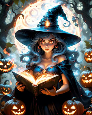 Full body portrait, Photorealistic art style, big detailed eyes, highly detailed, artistic, small black witch hat, a beautiful blue hair witch girl in sexy outfit with shiny cape, wearing high heels, reading an old magical book, casting a fire spell on the ghosts and pumpkins, in a jungle with lot of trees, volumetric lighting, dynamic poses, windy, depth of field, dynamic angle, swirling flame, ,mythical clouds,more detail XL,fire element, (ghost), 