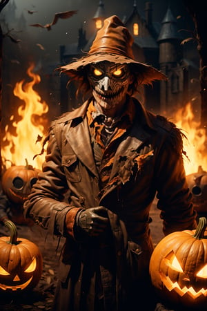 hat, 1boy,no_human, scarecrows focus, sexy, glowing eyes, mask, fire, farm, scarecrows, crow, trench coat, coat, glowing, torn clothes, gloves, hunter \(bloodborne\), yellow eyes,jack-o'-lantern