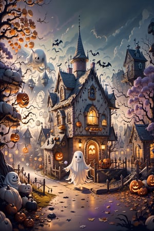 (masterpiece, top quality, best quality, beautiful and aesthetic), ((Qiqi as halloween candy house)), extremely detailed, hyper realistic, (Cinmatic:0.4), Explore the whimsical world of a (((amusement park made from candy))), where (((Qiqi the friendly ghost))) guides you through a Halloween-inspired adventure, (tree as candy), 
,C4ndyl4ndAI,ghost