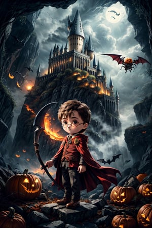 1boy, Photorealistic chibi art style, big detailed eyes, highly detailed, artistic, ((Harry Potter)) wearing a cloak with high heels holding a scythe, misty,, castle, volumetric lighting, surrounding with skulls and pumpkins, spider in pumpkin, windy, depth of field, dynamic angle, bats flying , spider monster in cave  background