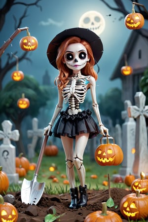 (masterpeice:1.2), beautiful dressed female kawaii skeleton dig with a spade, with top, short, high healed boots, in a cemetery, at night, Poltergeist Hutao School, full moon, fog, ((several flying chibi ghosts in the background)), Halloween sceen, Halloween ports, pumpkins, pumpkin lanterns, candles, bats, Halloween atmosphere, (dynamic pose), super cute, 8k, 3D, blender, CGI, highly detailed, intricate, award-wining, cinematic,  ,aesthetic portrait