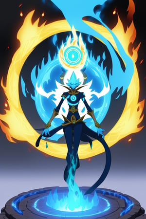  elemental,1 gir, Fire effect, water effect, Infinite wisdom, blue flame, Warlock, Magical Circle, high detailed, anime, 2d, masterpiece,