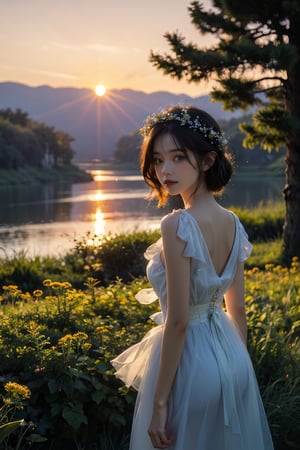 1 girl, 32k, look at viewer, charming, nature landscape, Wide Short, masterpiece, best quality, nature light, sunset background, Flower Wreath, ultra realistic, 