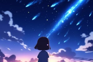 1 little girl, meteor on the sky, Meteor shower background, butterfly glowingy, best quality, masterpiece, cry sad, tear, anime style, elemental,