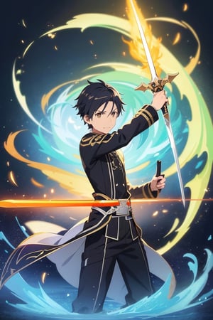 1 man holding sword, kiriti, sword art online , effect, fire, elemental, magic,  masterpiece, 2D, anime, best quality