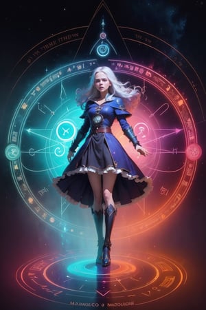 1 girl, colorful, full body, Wide Shot, wallpaper, energy, Unknown terror, arcane, Around the magic ,magic surrounds ,magic rod, book, pages flying all over the sky, Know it all, Predicting the Future, Know the past, Infinite wisdom, blue flame, Warlock, Magical Circle, Circle, Pentagram, incantation, mantra, Witcher,  Singing magic,  masterpiece, ultra realistic, best quality,Circle