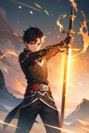 1 man holding sword, kiriti, sword art onlien , effect, fire, elemental, magic,  masterpiece, ultra realistic, best quality