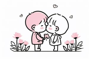 a boy kiss a girl, spring, flower, holding flower, Line chibi Pink, simple background, best quality, heart fly