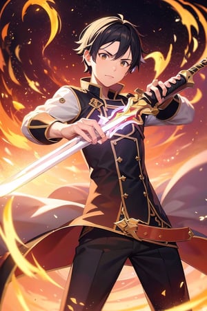 1 man holding sword, kiriti, sword art online , effect, fire, elemental, magic,  masterpiece, ultra realistic, best quality