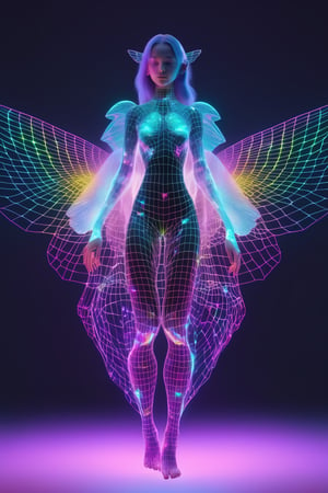 FULL BODY SHOT, 1girl, ((virtual disintegration wireframe rgb:1.32)), (matte skin:1.1)
translucent, transparent, reflection, colorfull, colored, (girl with butterfly wings:0.3)
iridescence holographic Clothing, magic