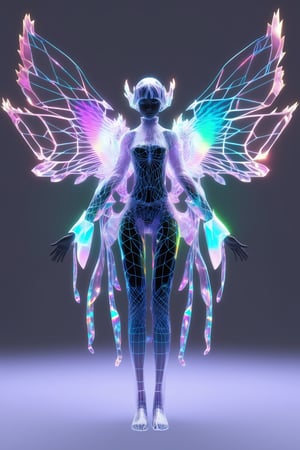 FULL BODY SHOT, 1girl, ((virtual disintegration wireframe rgb:1.32)), (matte skin:1.1)
translucent, transparent, reflection, colorfull, colored, (girl with butterfly wings:0.3)
iridescence holographic Clothing, magic, elemental, fire, water, frozen