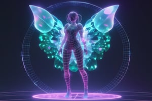 FULL BODY SHOT, 1girl, ((virtual disintegration wireframe rgb:1.32)), (matte skin:1.1)
translucent, transparent, reflection, colorfull, colored, (girl with butterfly wings:0.3)
iridescence holographic Clothing, magic, (elemental background), magical circle
