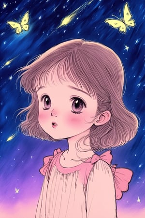 Pencil Draw,1 little girl, meteor on the sky, Meteor shower background, butterfly glowingy, best quality, masterpiece