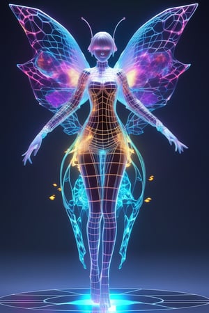 FULL BODY SHOT, 1girl, ((virtual disintegration wireframe rgb:1.32)), (matte skin:1.1)
translucent, transparent, reflection, colorfull, colored, (girl with butterfly wings:0.3)
iridescence holographic Clothing, magic, elemental theme, fire, water, frozen background