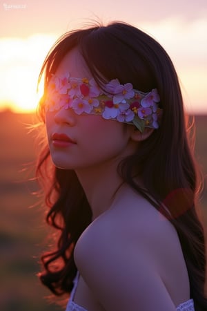 1 girl, portrait, sunset background,  look at viewer,blindfolded flower