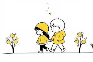 a boy and a girl walking on street, Line Chibi yellow, sping, white background, 