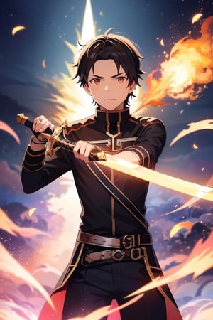 1 man holding sword, kiriti, sword art online , effect, fire, elemental, magic,  masterpiece, ultra realistic, best quality