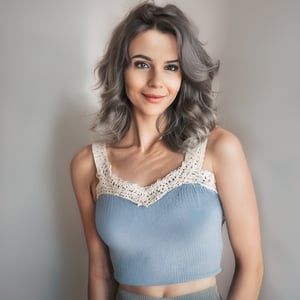 woman in a blue top and grey skirt posing for a picture, wearing a cute top, crochet, wearing a camisole, by Marie Bashkirtseff, by Elena Guro, flattering photo, wearing a designer top, with fashion clothe, deborah, ekaterina, dressed in a lacy, cute top, tight fitted tank top, nice