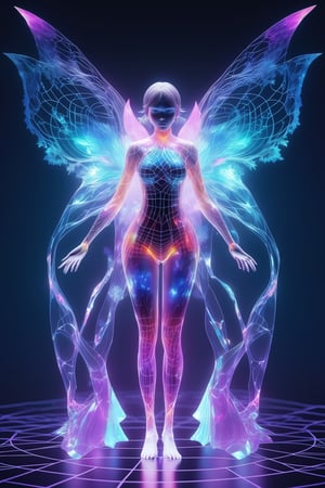 FULL BODY SHOT, 1girl, ((virtual disintegration wireframe rgb:1.32)), (matte skin:1.1)
translucent, transparent, reflection, colorfull, colored, (girl with butterfly wings:0.3)
iridescence holographic Clothing, magic, elemental theme, fire, water, frozen background