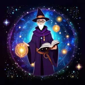 Circle, a magician man with reading glasses, master for an RPG, he wears wizard robes, is in the midst of the universe and stars, full of mystical ancestral magic with magical sparkles and a given D20 in the background