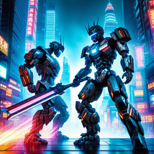 A dynamic scene of a robot warrior in mid-combat pose, clashing with an unseen opponent on the neon-lit streets of a futuristic city. The background features towering skyscrapers with glowing holographic advertisements, casting a vibrant, contrasting light on the metallic surfaces of the robot. The composition focuses on the robot's detailed armor and weaponry, with sparks flying from its energized blade. The action is framed to capture the intensity of the fight, with the city's futuristic architecture adding to the dramatic atmosphere.