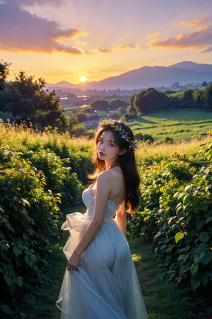 1 girl, 32k, look at viewer, charming, nature landscape, Wide Short, masterpiece, best quality, nature light, sunset background, Flower Wreath, ultra realistic, 